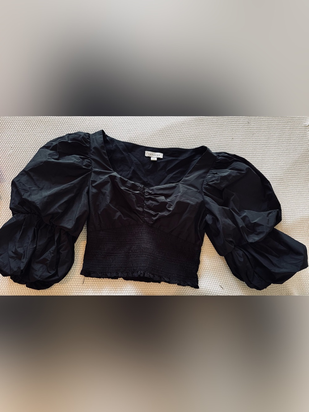 TOPSHOP Taffeta Puff Sleeve Blouse Smocked Black Crop Top - Picture 5 of 13